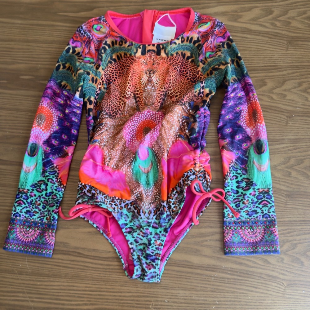 Camilla Kids Mila Multicolor Leopard Print Long Sleeve One Piece Swimsuit Size 6 - Picture 2 of 9